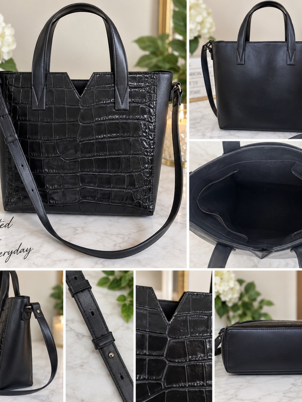 Vince Black Croc-Embossed Leather Tote with Strap